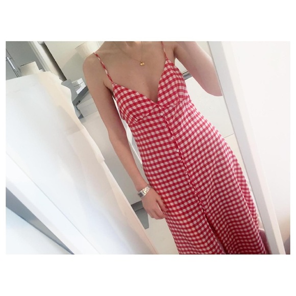 ZARA Red White Gingham Check Midi Dress L Drawstring Tie Back Sleeveless Casual - Picture 8 of 11